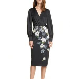 Ted Baker Alithea Floral Long Sleeve Midi Dress Black Formal Whimsygoth Small